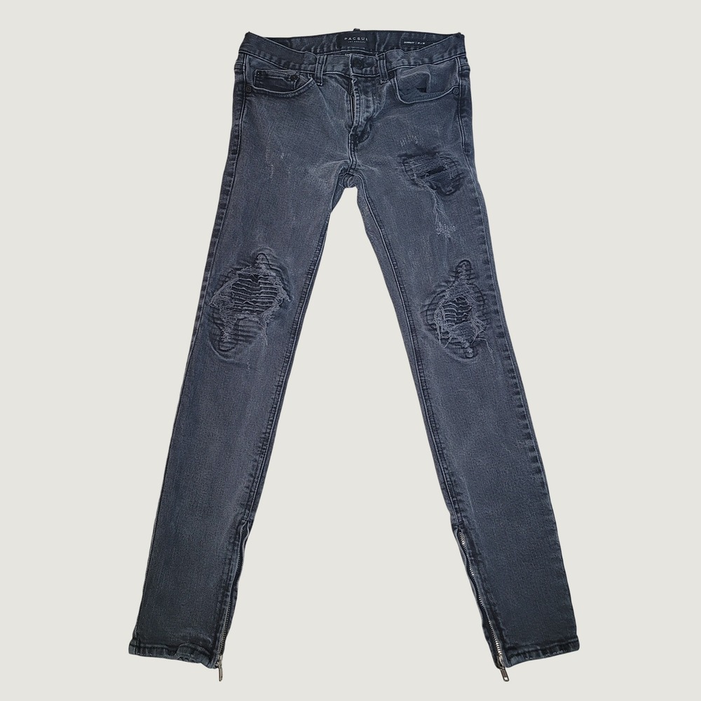 PacSun Skinniest Jeans Mens 28x30 Faded Black Distressed Moto Ankle Zip Denim